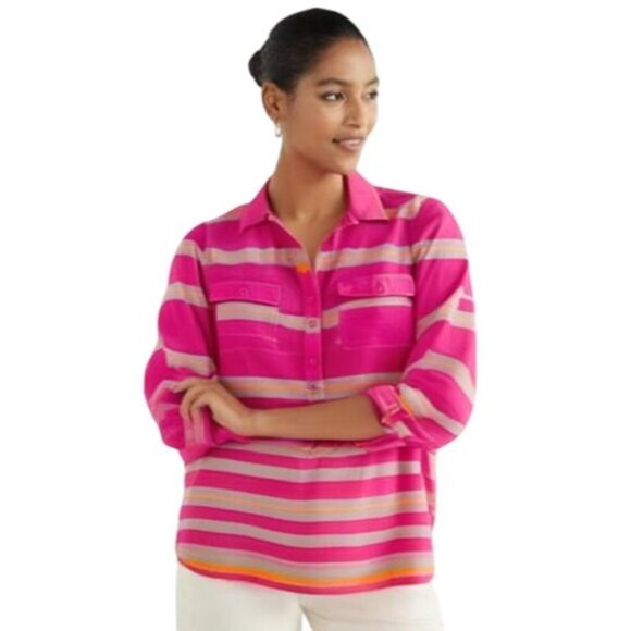 Old Navy Pink Stripe Chest Pockets Button Front Long Sleeve Shirt Women's Medium - Picture 1 of 15